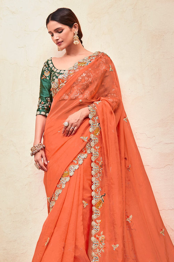 Flamingo Orange and Green Organza Saree