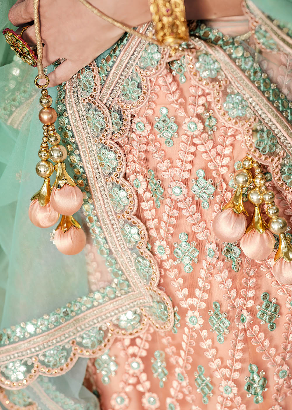 Rose Bud Pink and Sky Blue Net Designer Lehenga With Heavy Embroidered Work