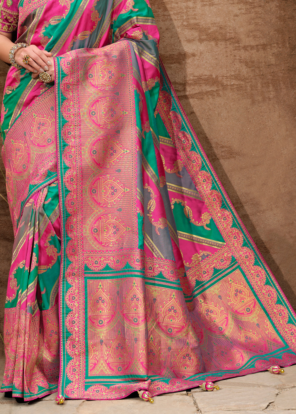 Mandy Pink and Green Woven Designer Banarasi Silk Saree