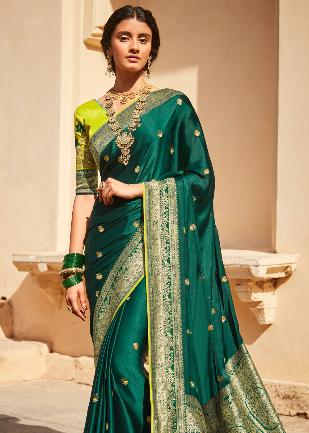 Gable Green Zari Woven Designer Banarasi Saree