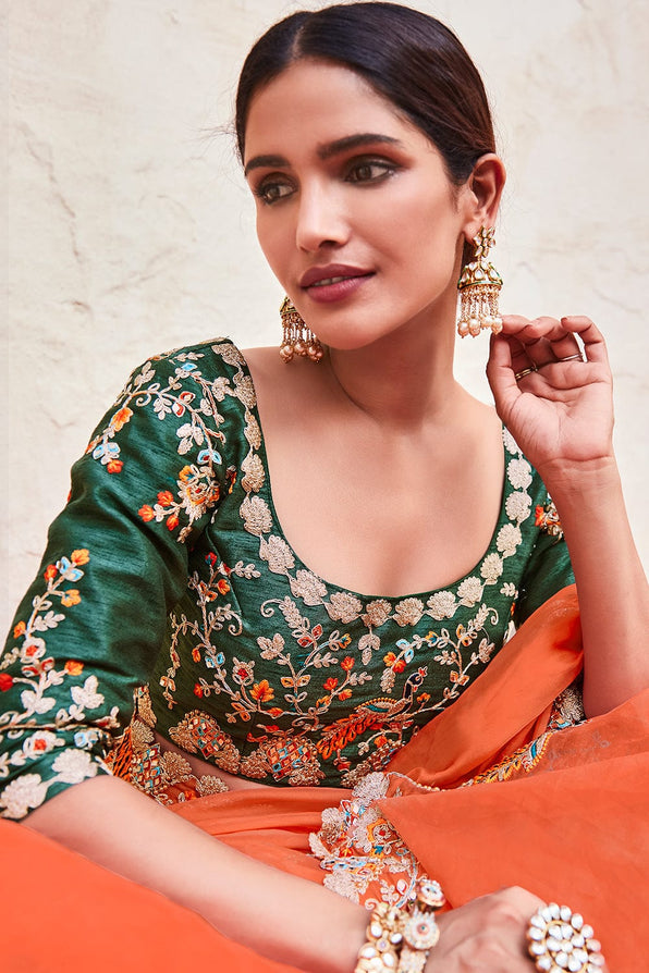 Flamingo Orange and Green Organza Saree