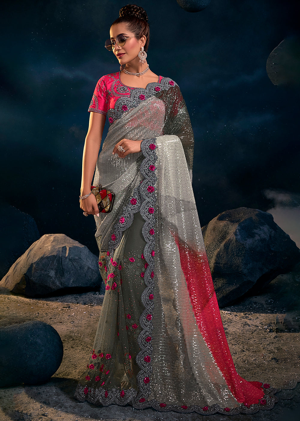 Makara Grey and Pink Designer Silk Saree