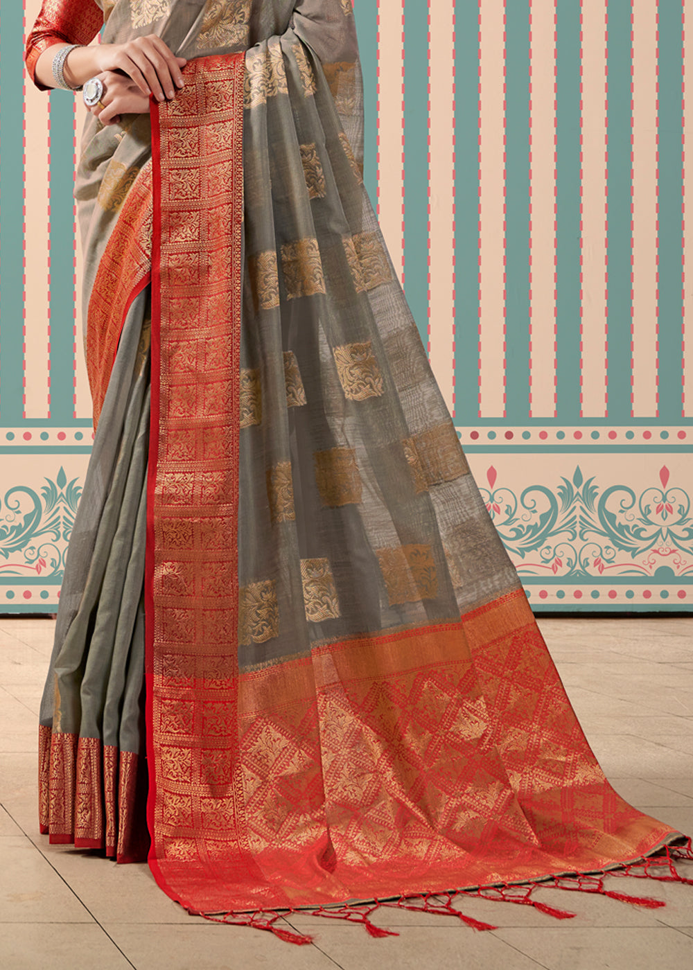 Stonewall Grey Zari Woven Banarasi Brocade Linen Saree