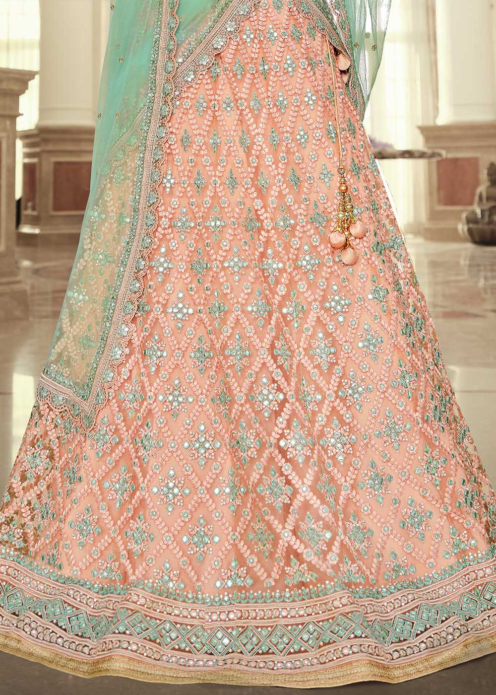 Rose Bud Pink and Sky Blue Net Designer Lehenga With Heavy Embroidered Work