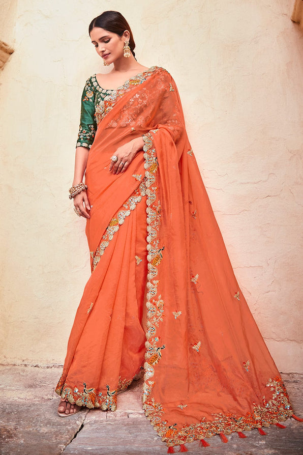 Flamingo Orange and Green Organza Saree