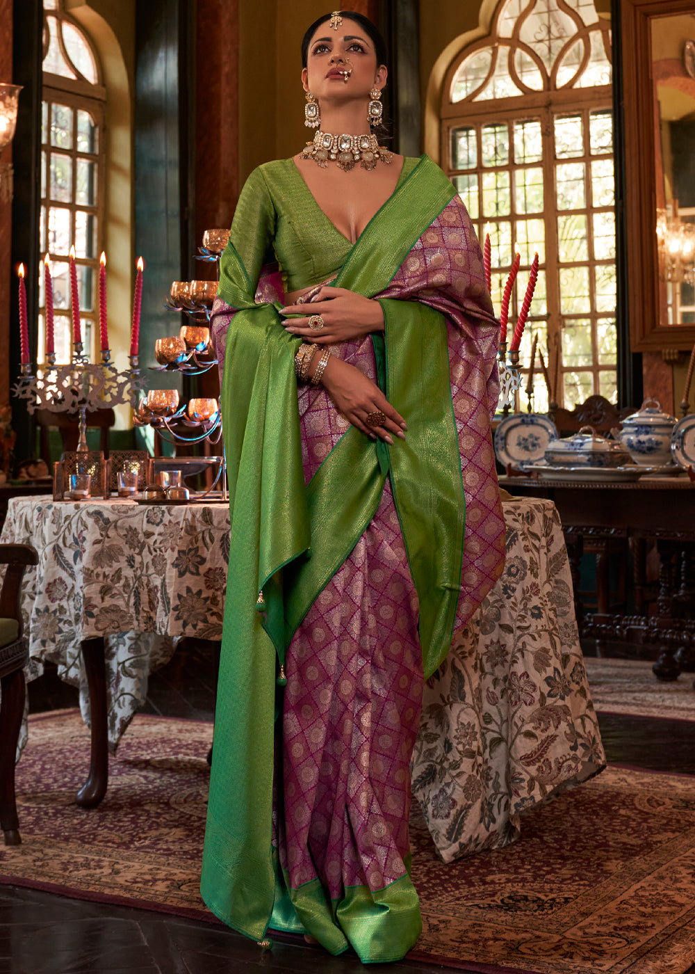 Rust Purple and Green Woven Kanjivaram Saree