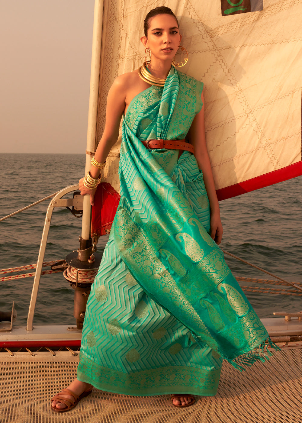 Ocean Green Dual Tone Banarasi Satin Silk Saree