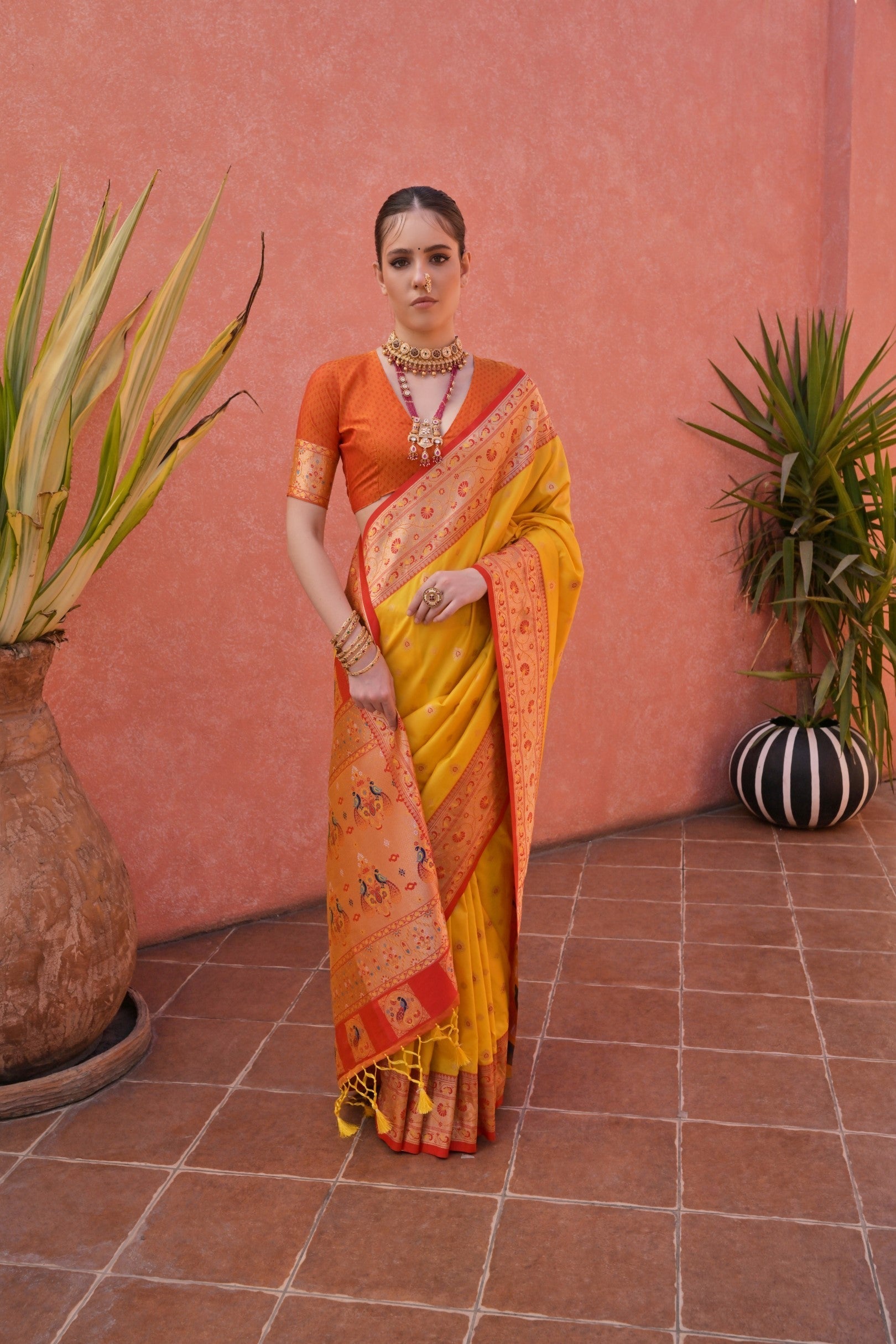 Anzac Yellow and Orange Zari Woven Paithani Saree