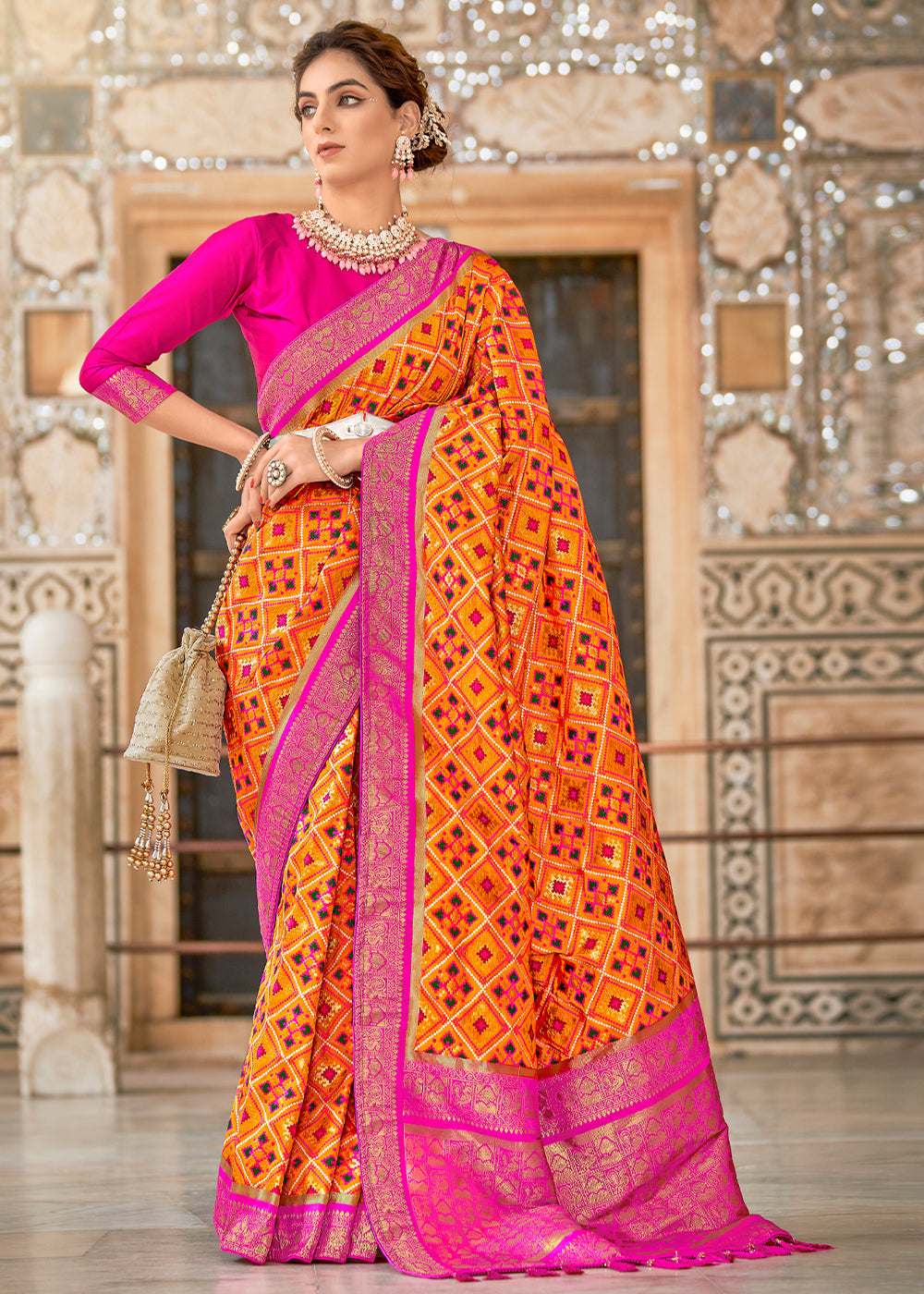 Tango Orange and Pink Zari Woven Patola Saree