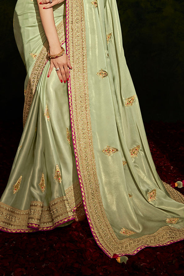 Thistle Green and Pink South Silk Saree