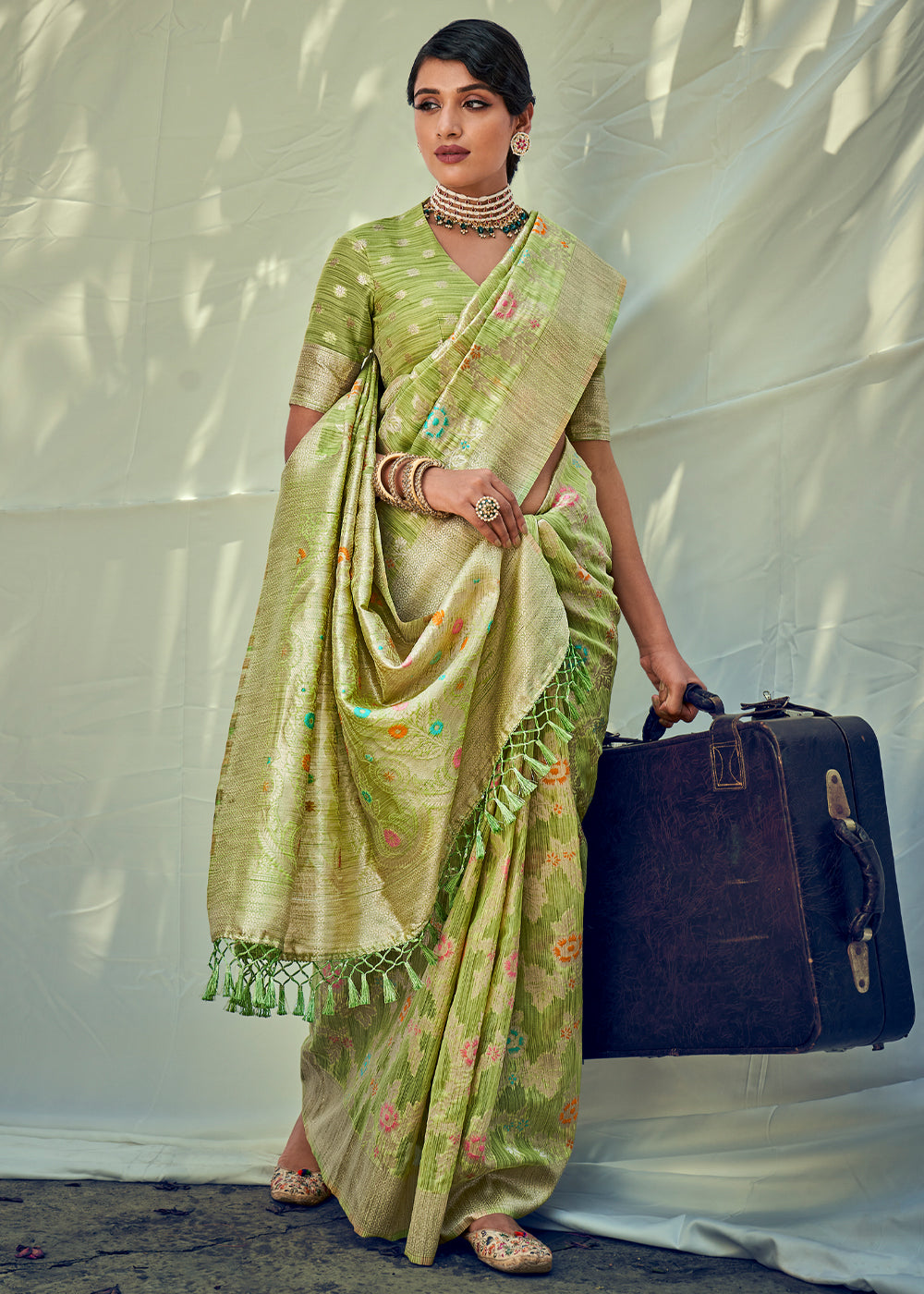 Wild Willow Green Zari Woven Banarasi Linen Saree