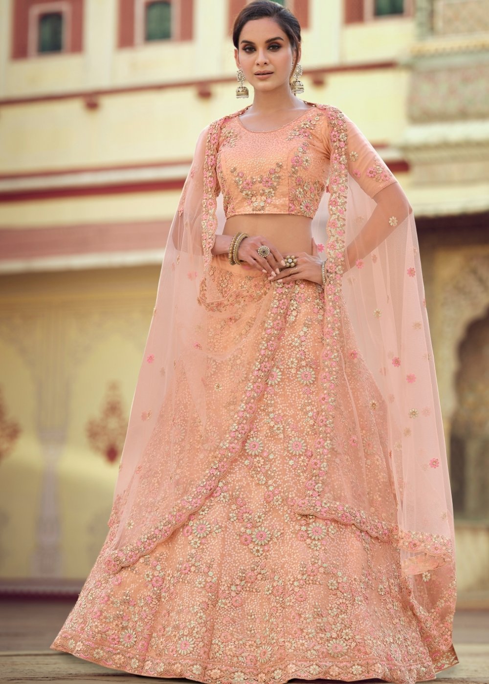 Flower Peach Soft Net Designer Lehenga Choli