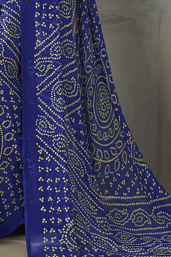 Cosmic Cobalt Blue Chiffon Bandhani Printed Saree