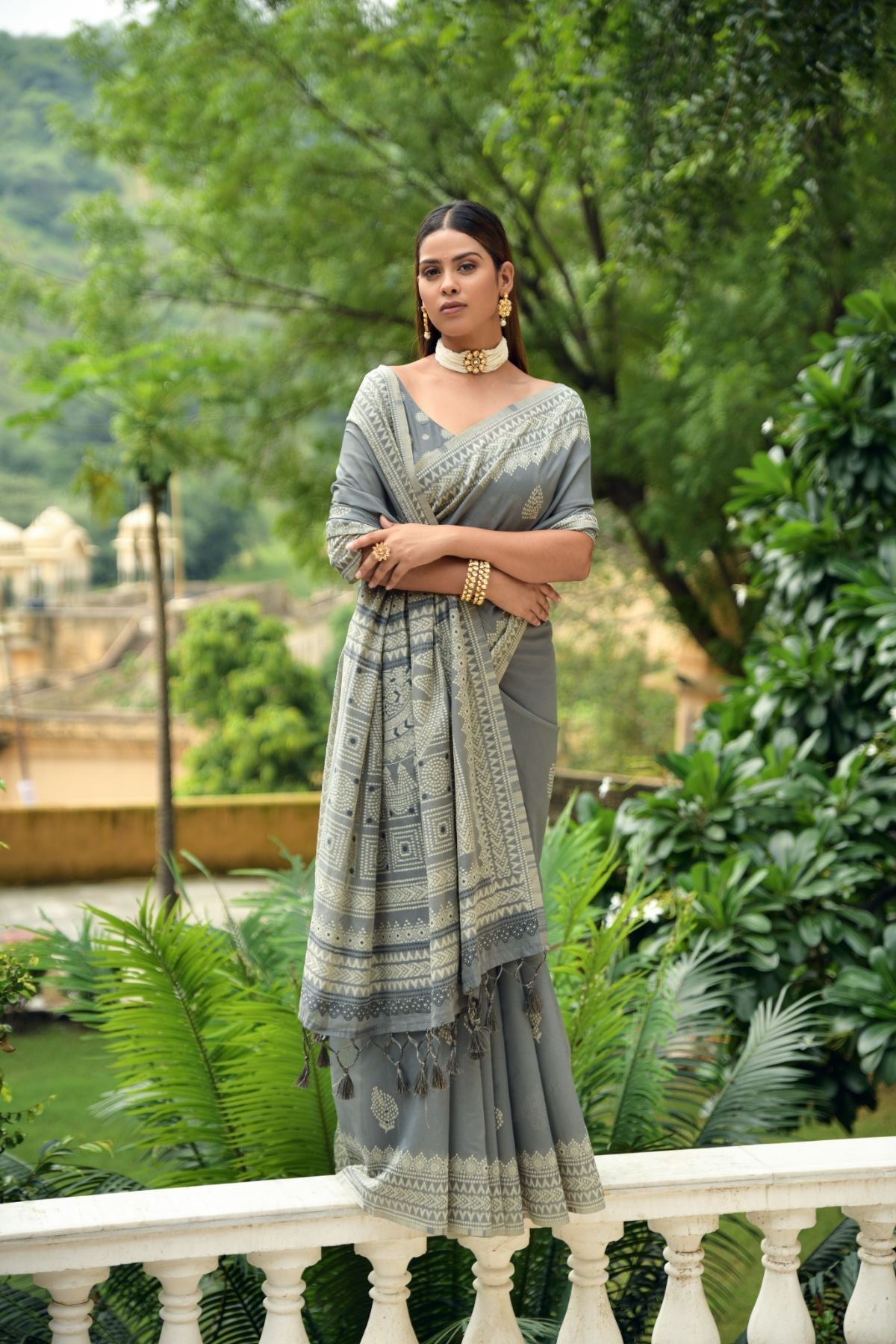 Storm Dust Grey Lucknowi Cotton Saree