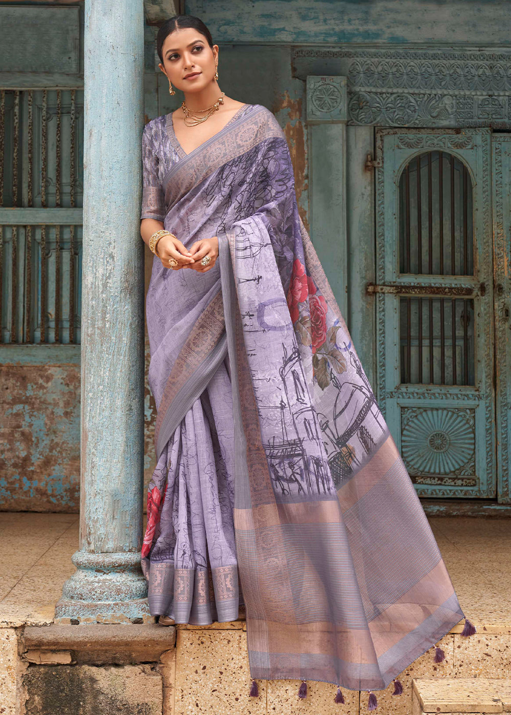 Glossy Grape Purple  Floral Printed Linen Silk Saree