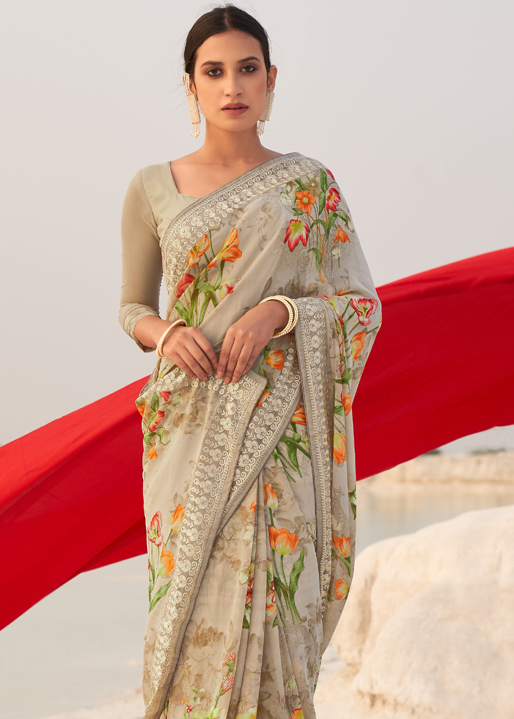 Sorrell Brown Digital Printed Chiffon Saree