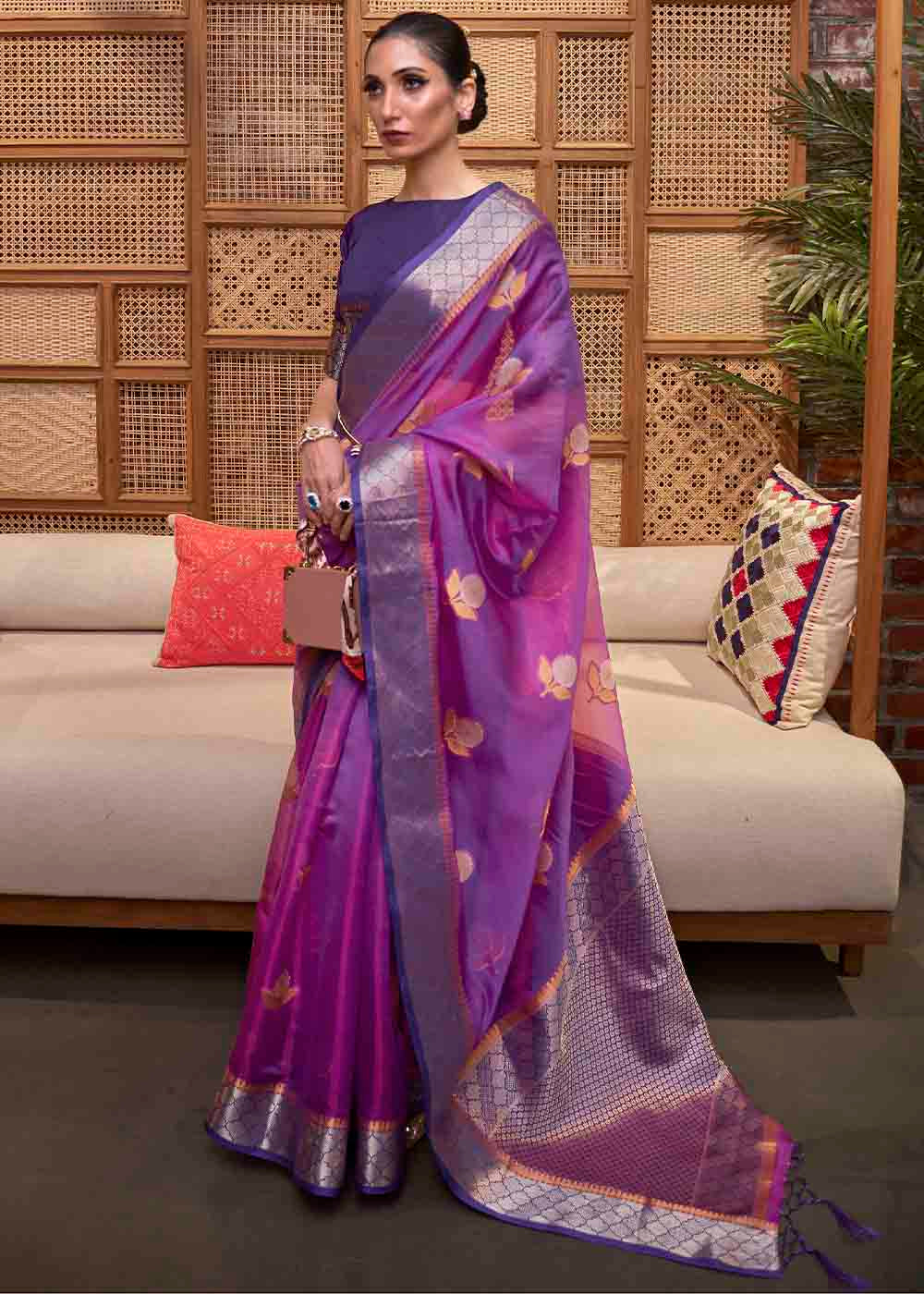 Plum Purple Zari Woven Two Tone Organza Saree