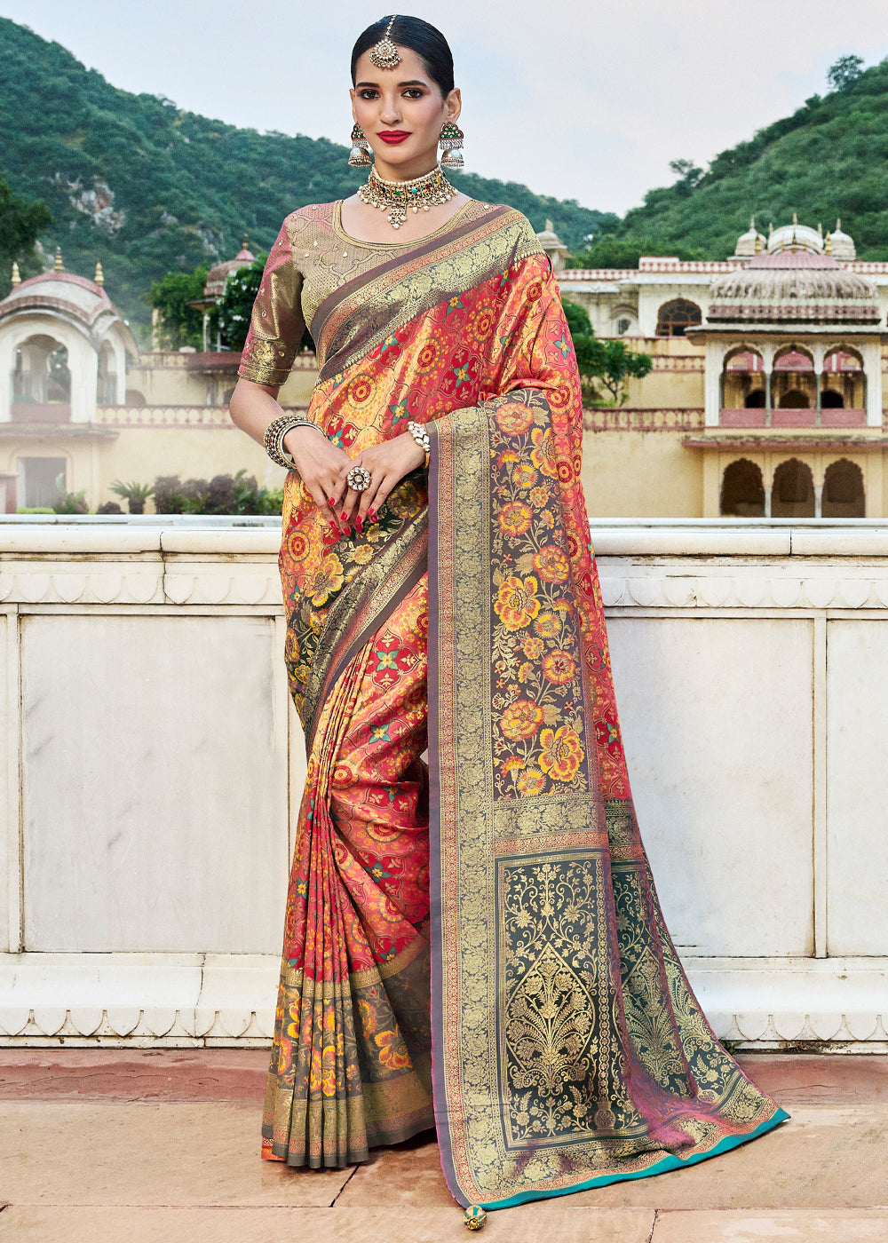 Raw Orange Red Designer Banarasi Saree