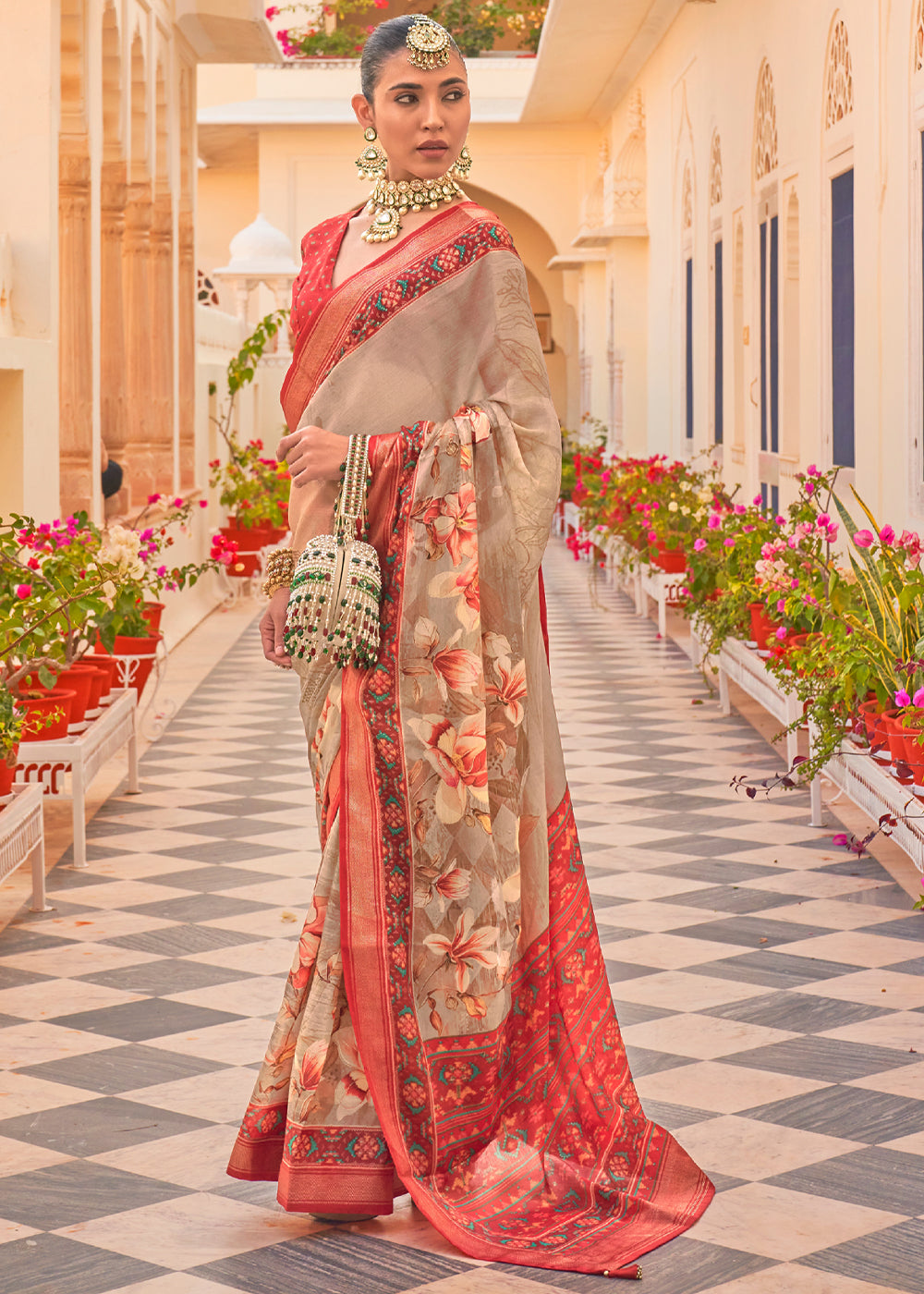 Crail Red Printed Chiffon Patola Silk Saree