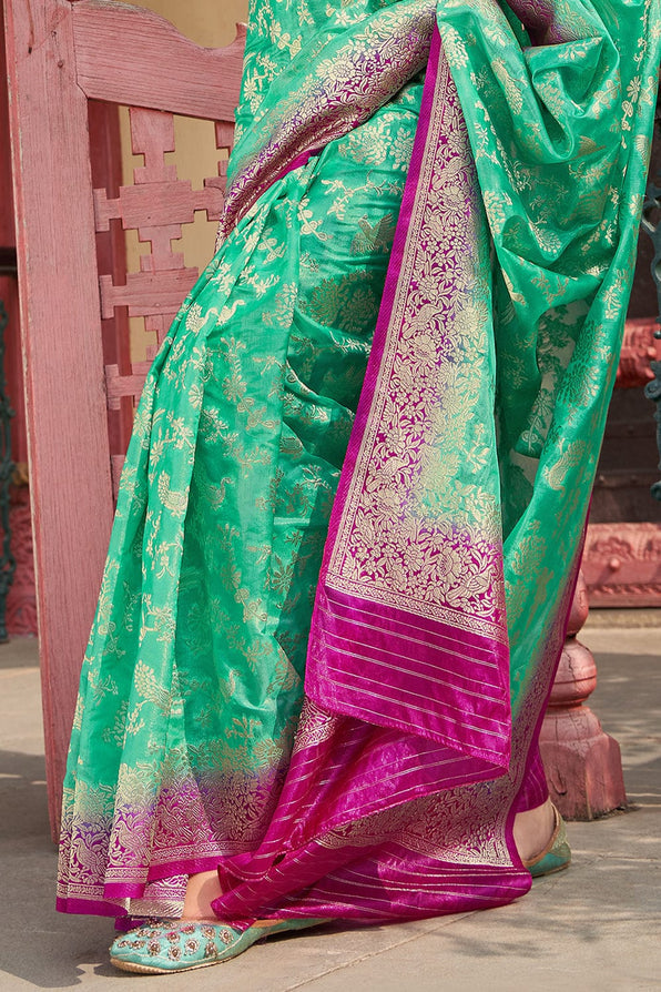 Silver Tree Green and Pink Organza Saree