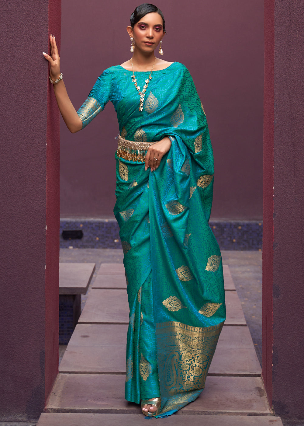 Java Blue Banarasi Woven Satin Silk Saree