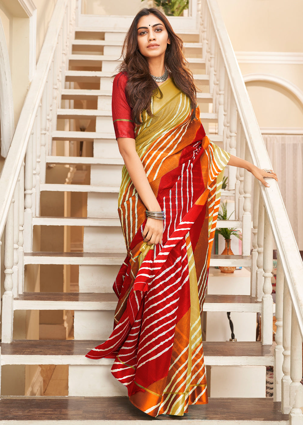 Equator Red and Green Cotton Saree with Leheriya Print