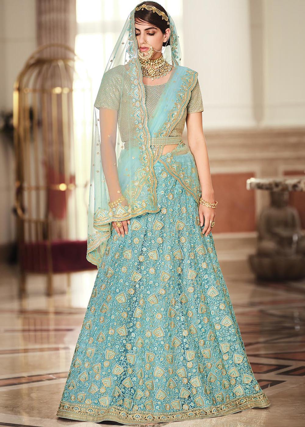 Gulf Stream Blue Net Designer Lehenga With Heavy Embroidered Work