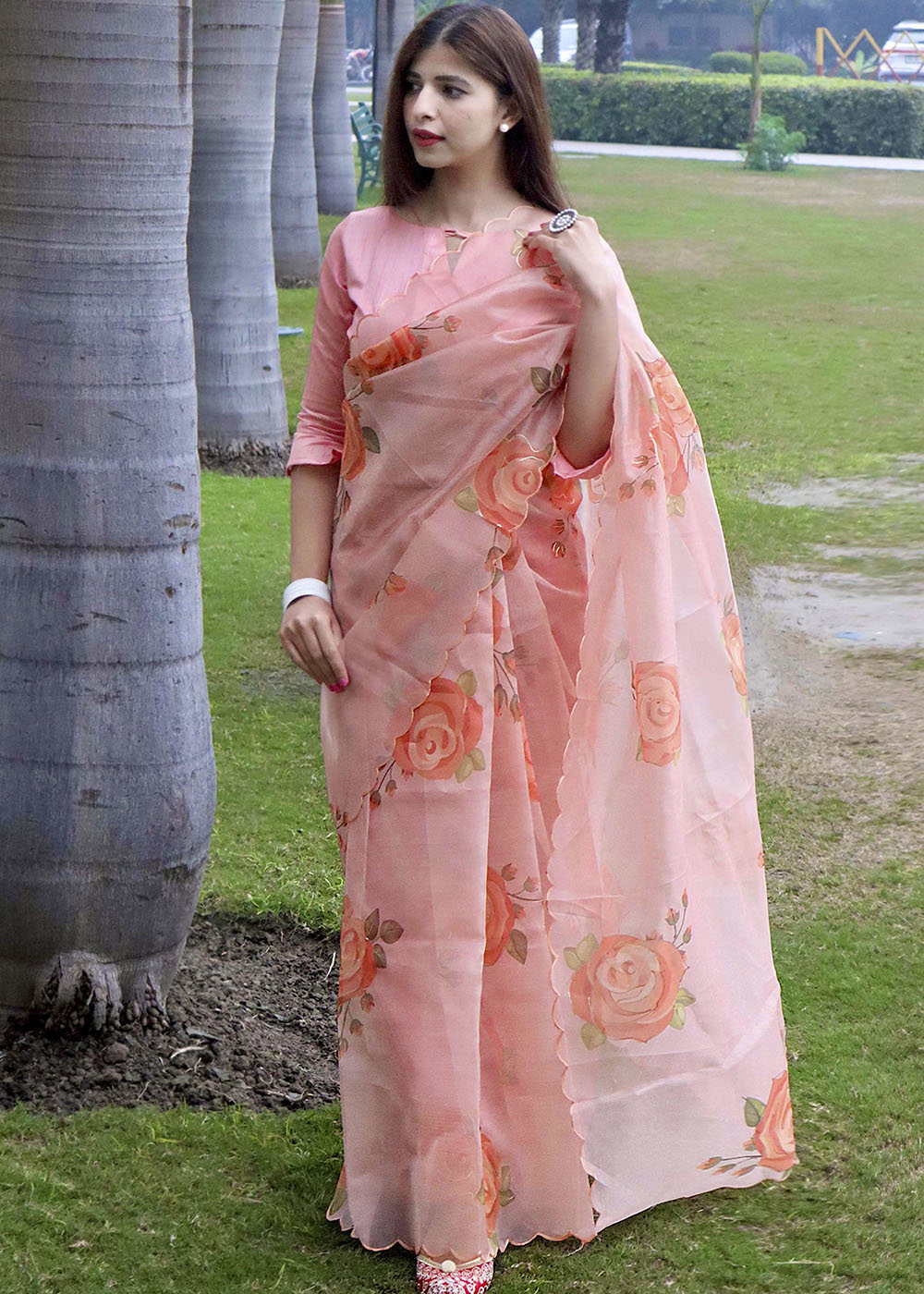 Sea Pink Peach Digital Floral Print Organza Saree