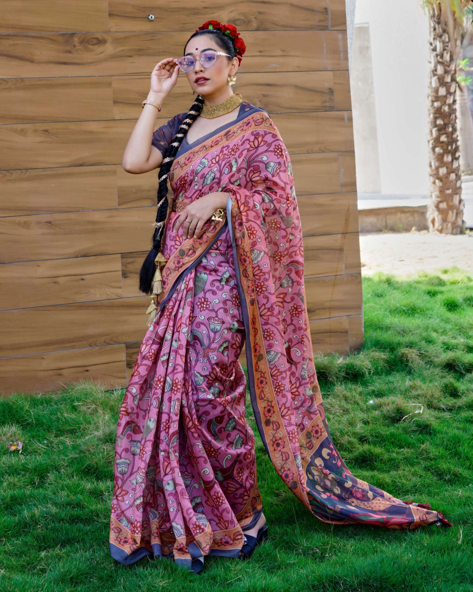 Hopbush Pink Cotton Kalamkari Printed Saree