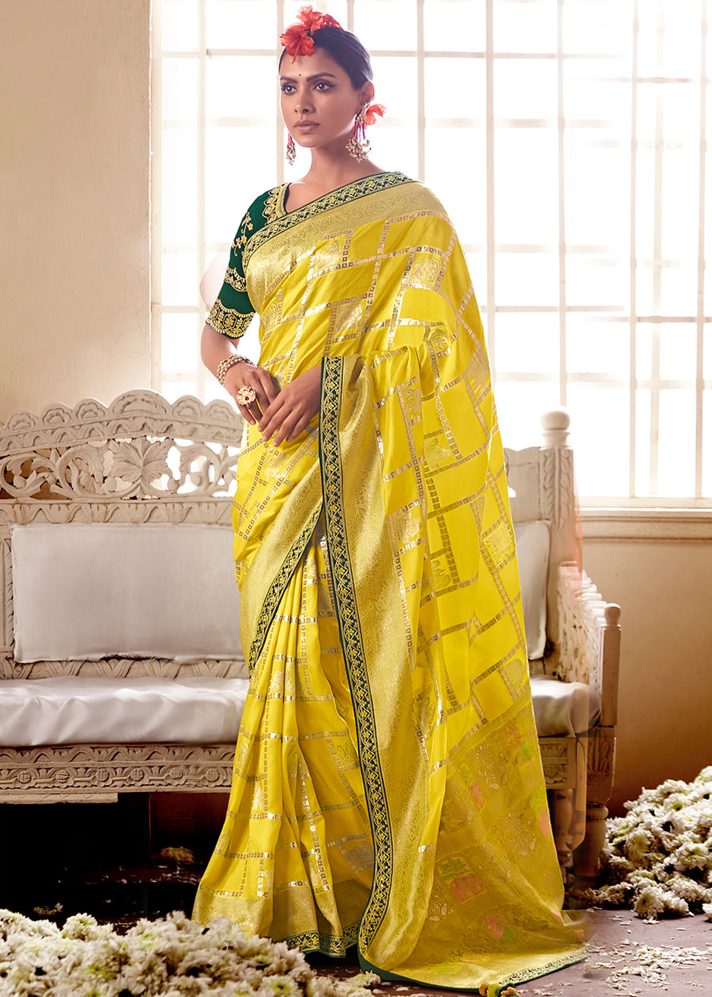 Grass Yellow and Green Banarasi Saree with Designer Blouse