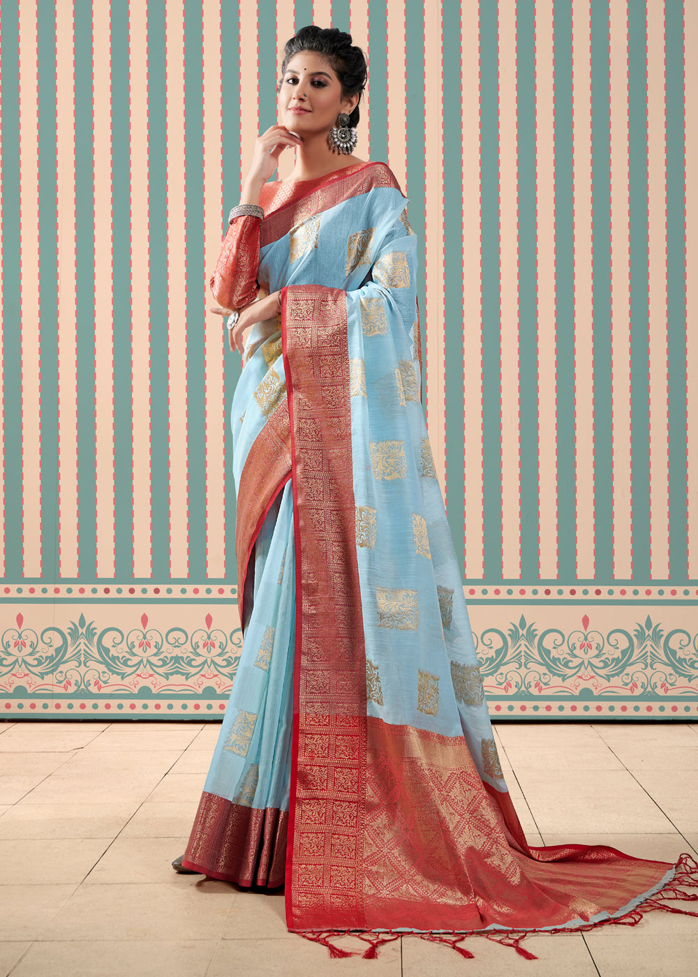 Rock Blue Zari Woven Banarasi Brocade Linen Saree