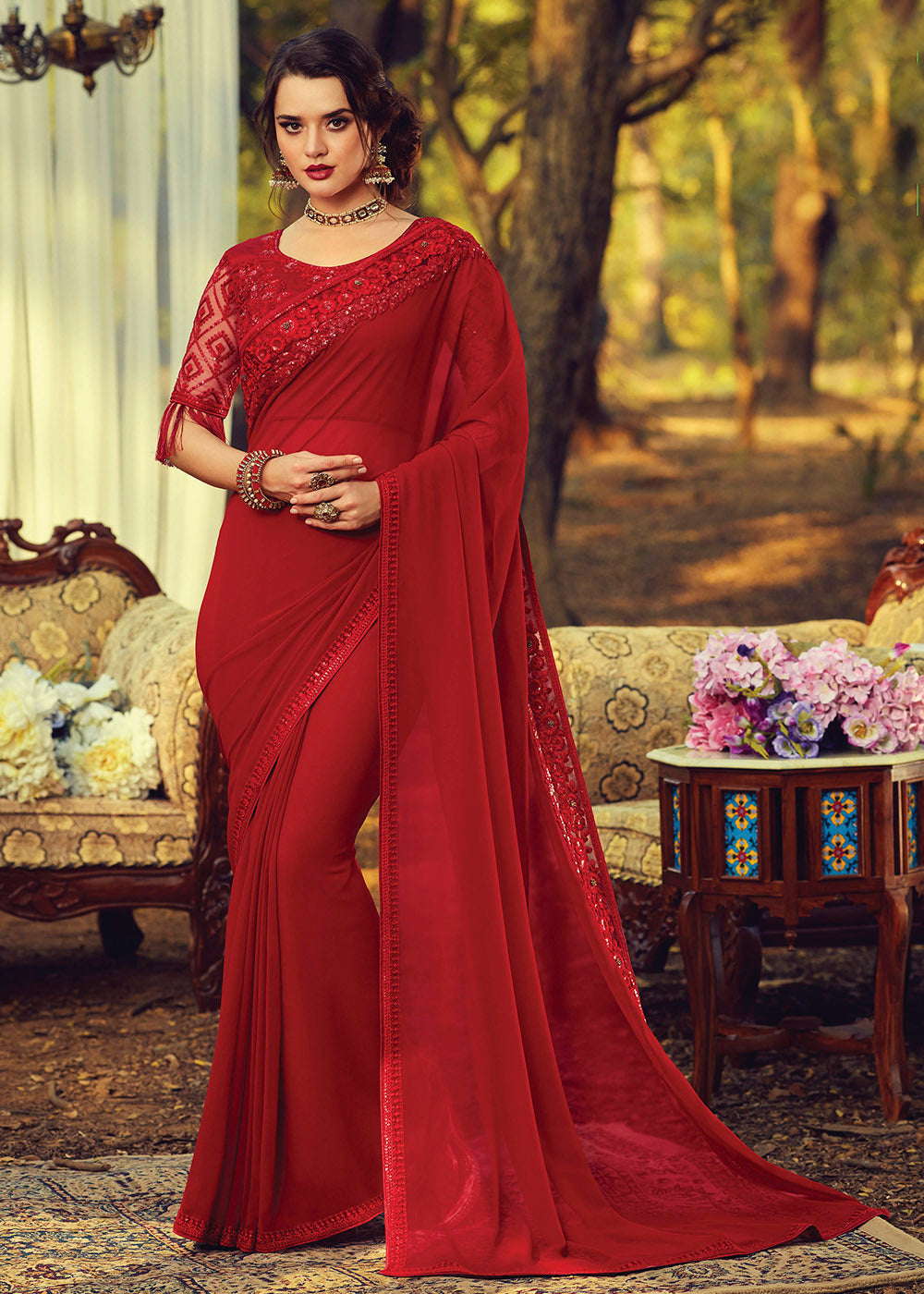 Crail Red Embroidered Georgette Designer Saree