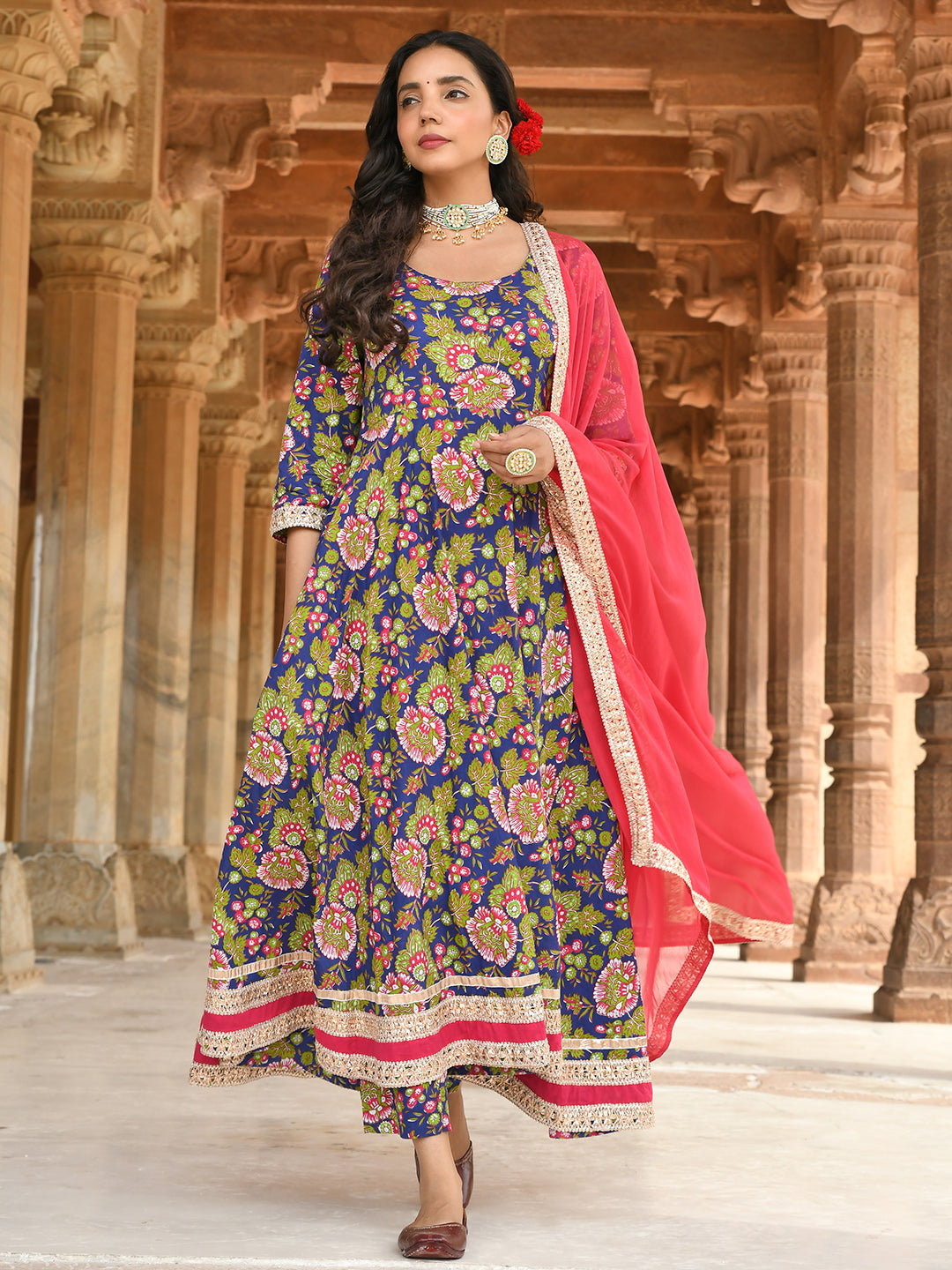 East Bay Blue Cotton Floral Block Salwar Suit