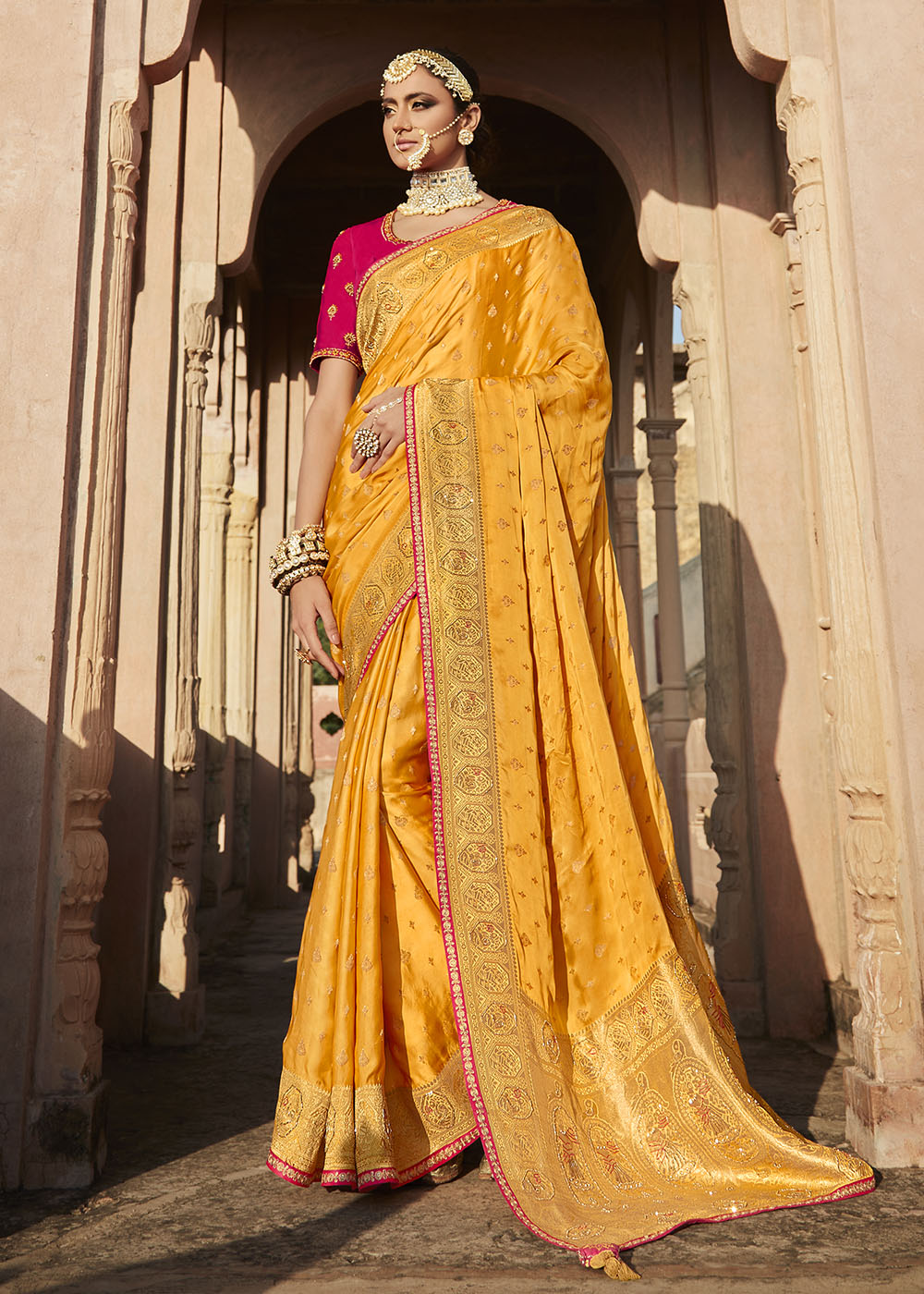 Glow Orange Zari Woven Banarasi Silk Saree with Embroidered Blouse