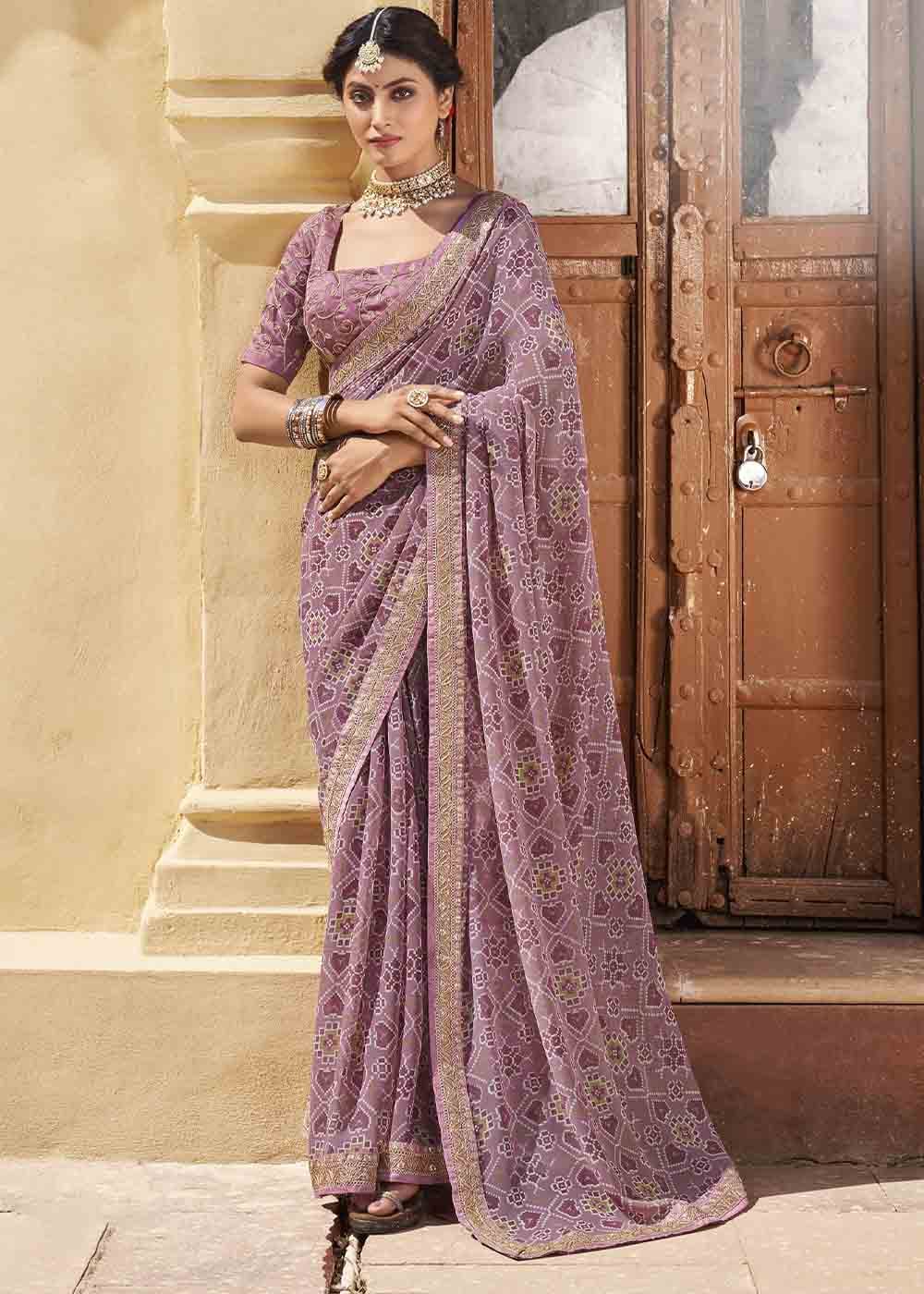 Quicksand Purple Patola Print Georgette Saree With Embroidered Blouse