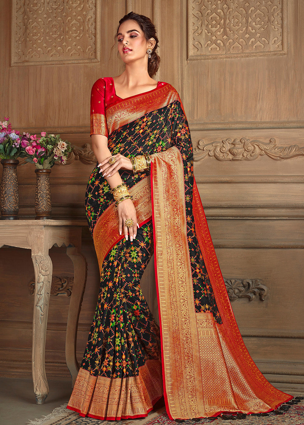 Dune Black and Red Zari Woven Banarasi Saree