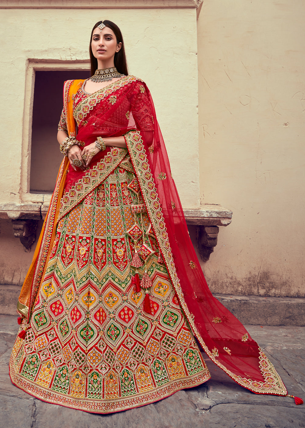 Tall Poppy Red and Orange Heavy Embroidered Designer Lehenga