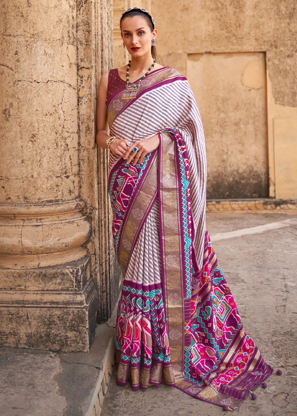 Eggplant White and Purple Zari Woven Patola Saree