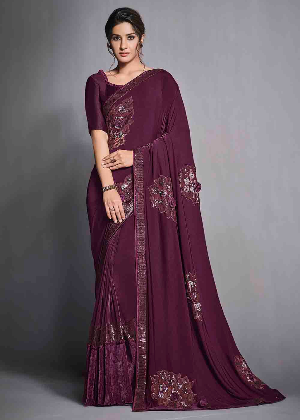 Sugar Plum Purple Designer Lycra Saree with Embroidery Work