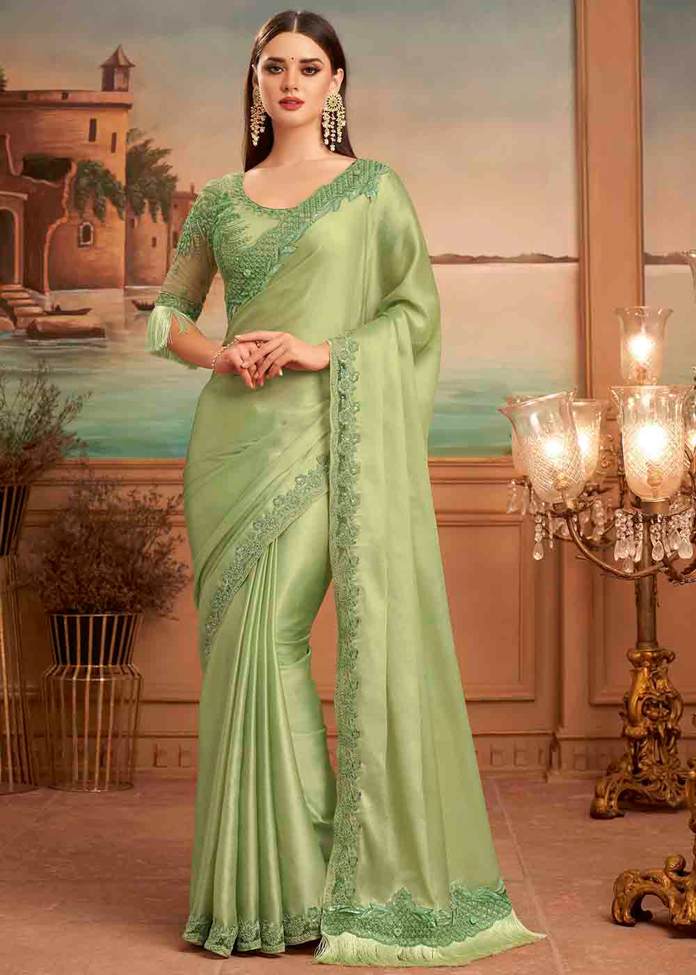 Barley Corn Green Embroidered Satin Silk Designer Saree