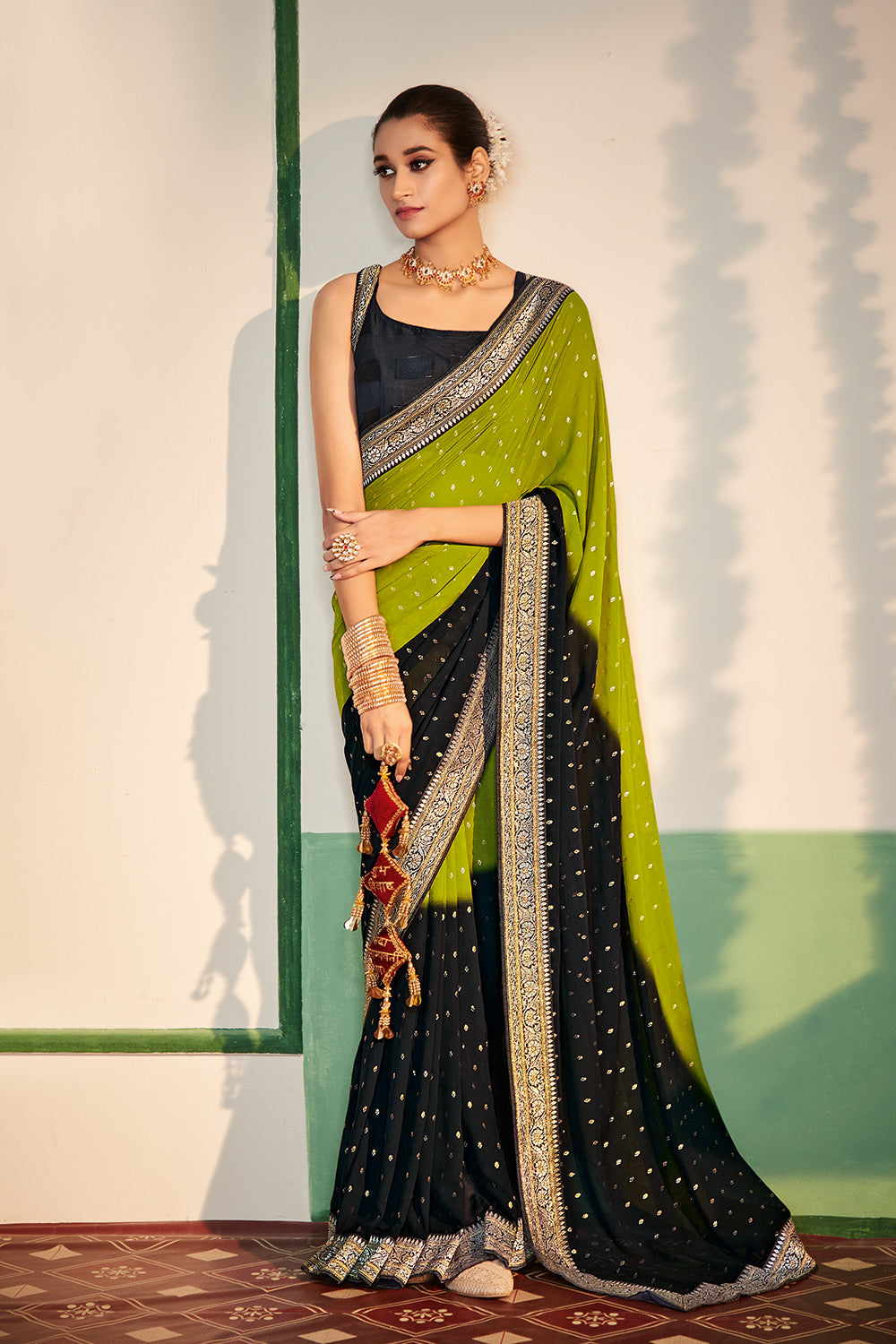 Toddy Green and Black Printed Georgette Saree