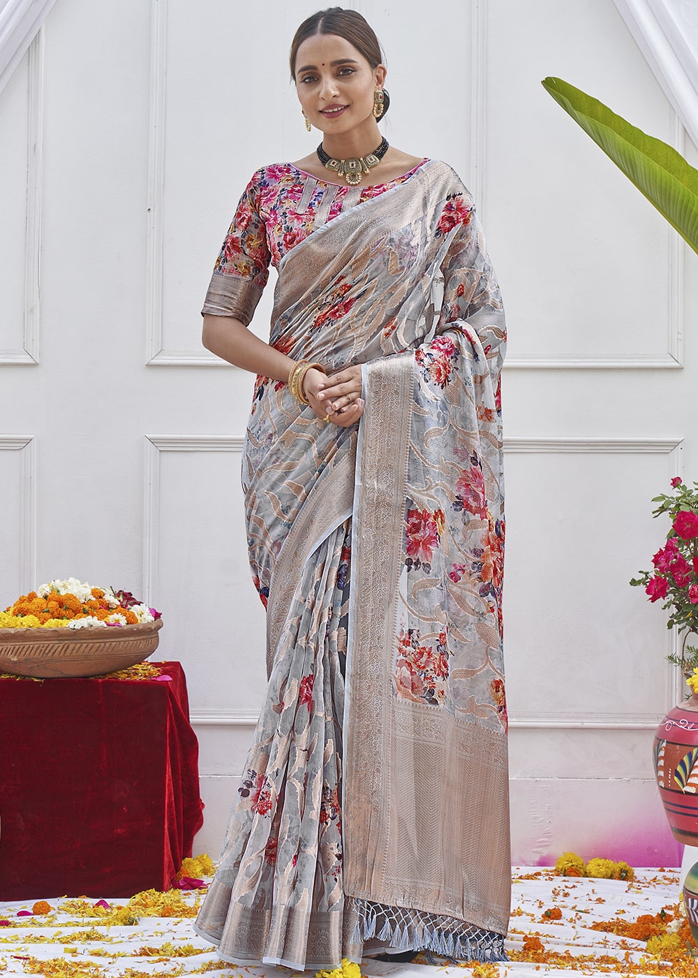 Quick Silver Grey Digital Printed Organza Silk Saree