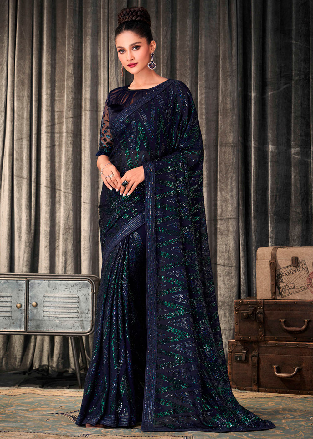 Tuna Blue and Green Sequins Embroidered Designer Georgette Saree