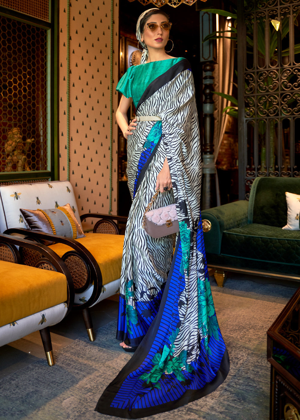 Edward White and Blue Printed Satin Silk Saree