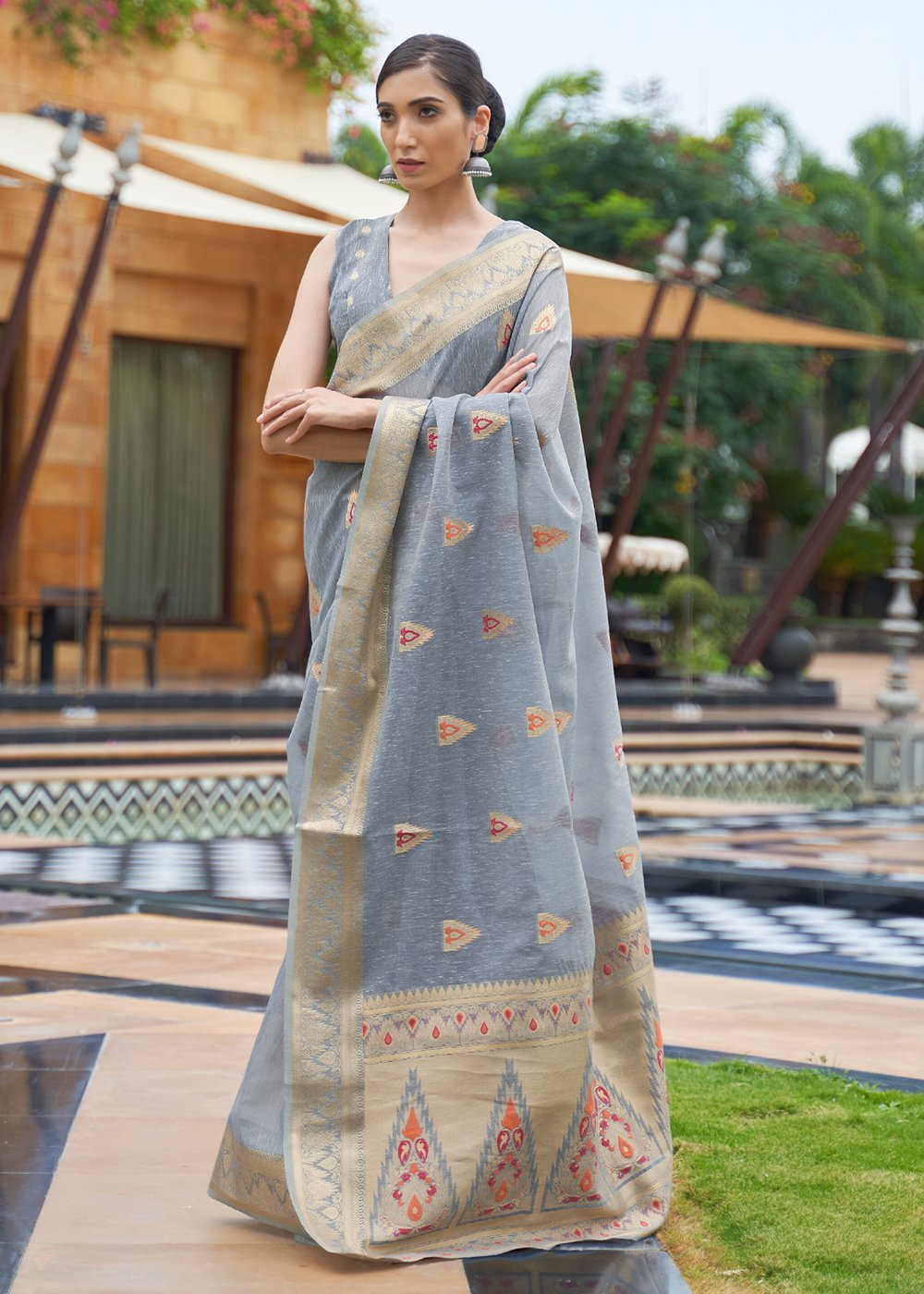 Pale Sky Grey Zari Woven Banarasi Linen Saree