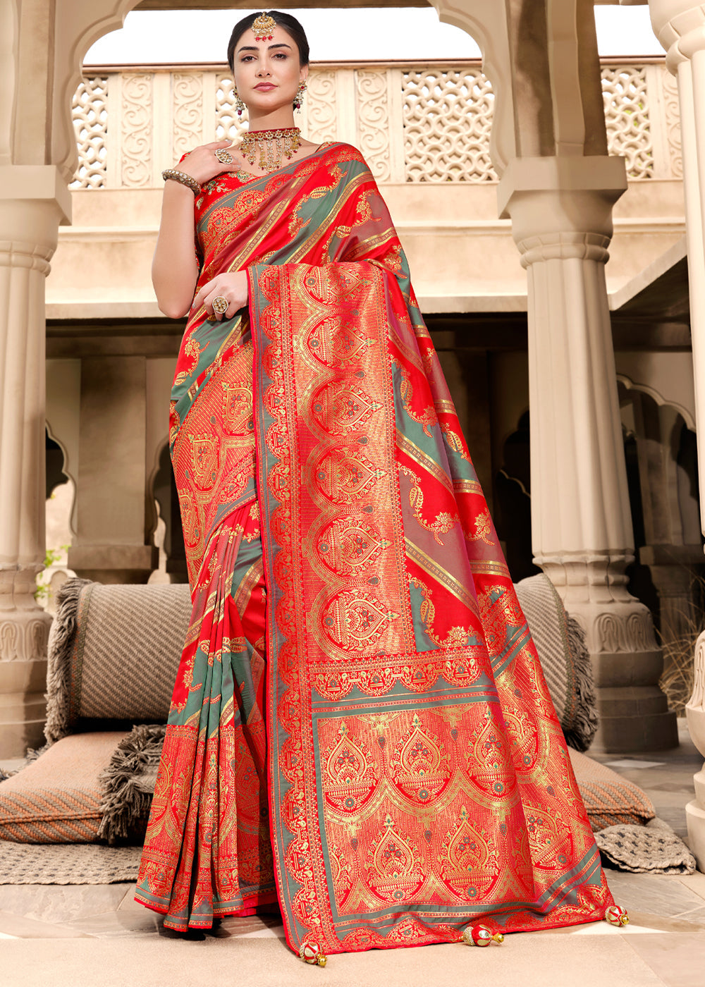 Salmon Red Woven Designer Banarasi Silk Saree