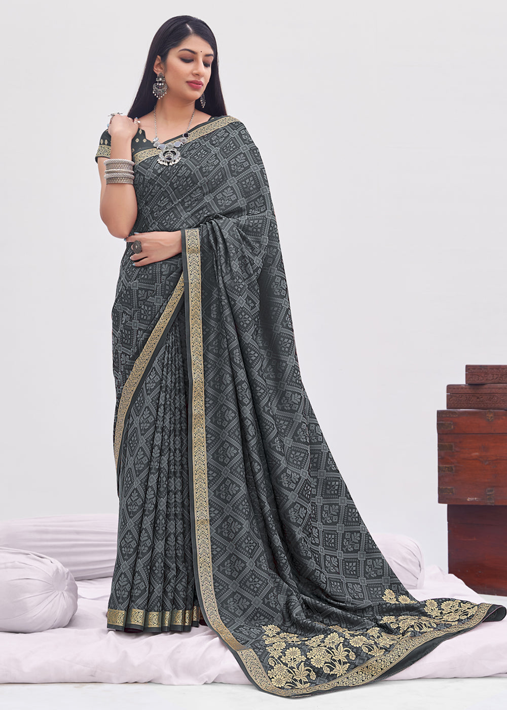 Rolling Grey Zari Woven Banarasi Satin Saree