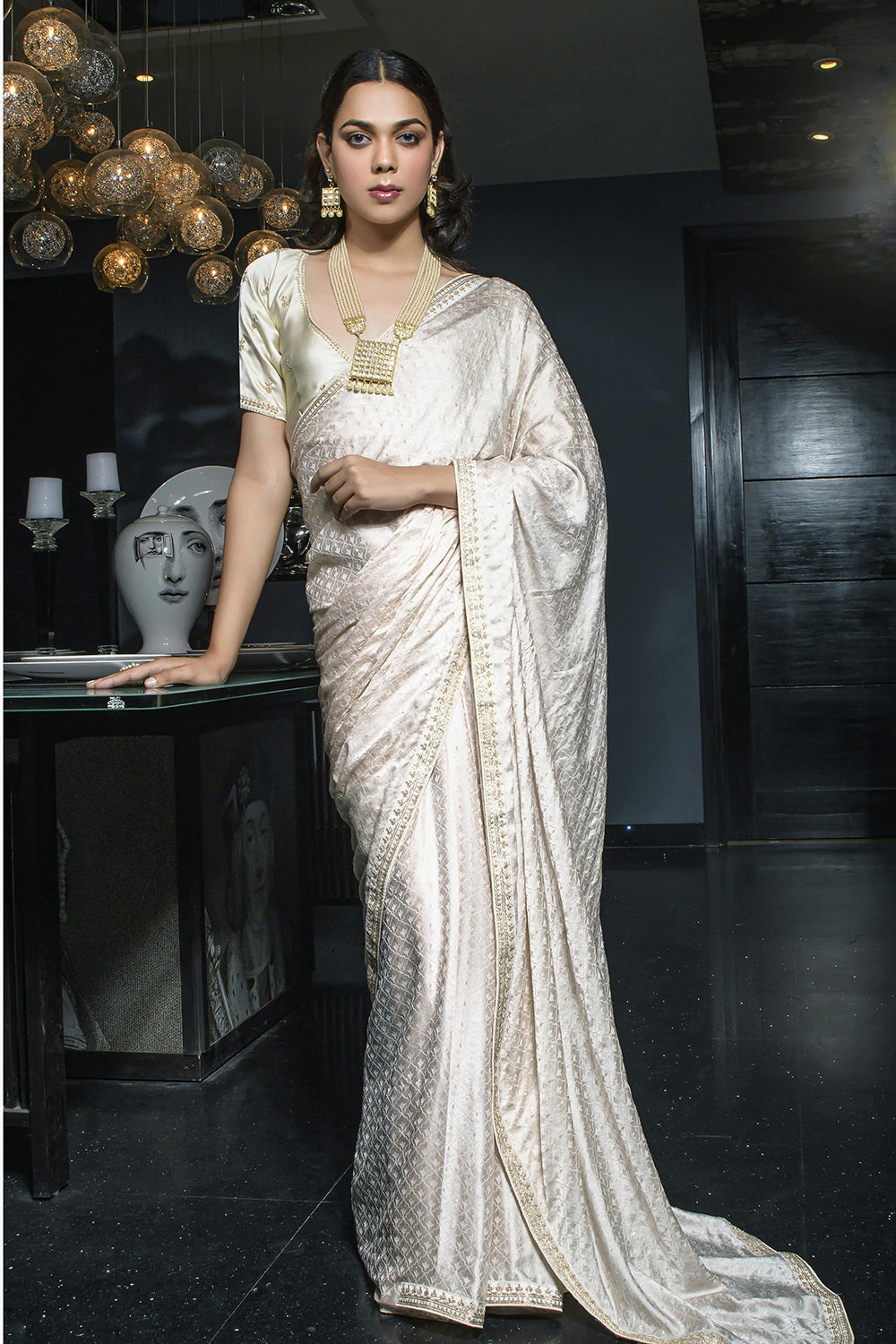 Merino White Satin Saree