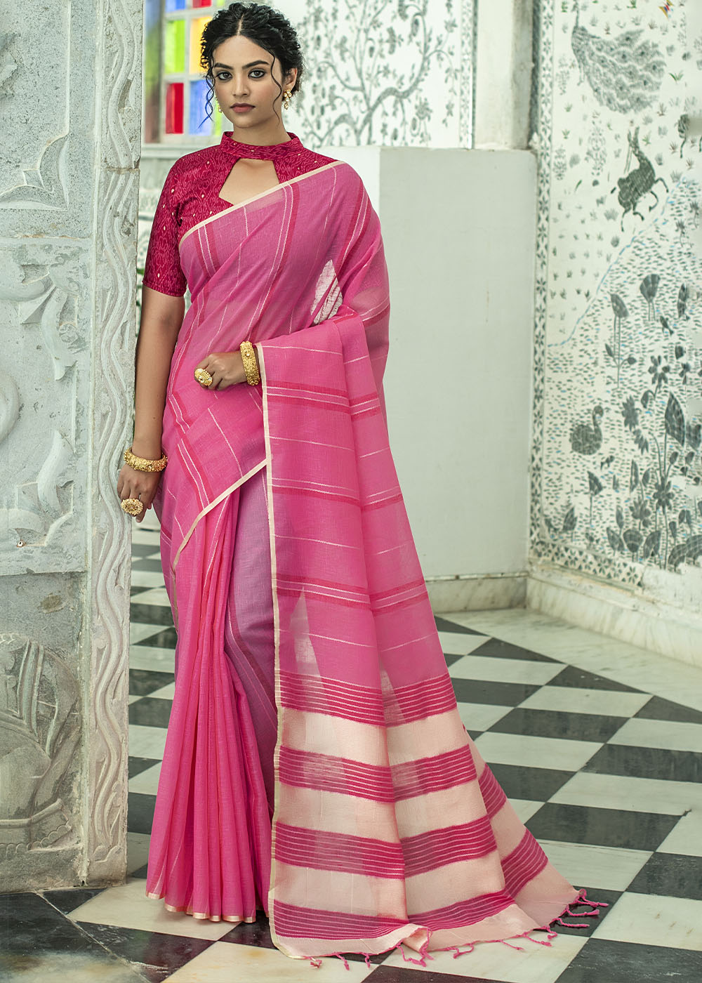 Me Pink Zari Woven Striped Linen Saree