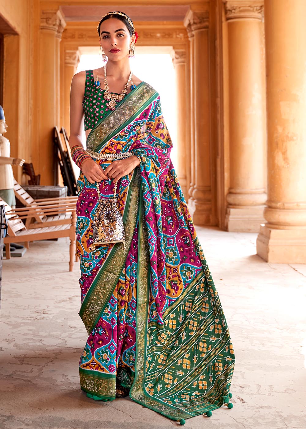 Boston Blue Multicolor Printed Patola Saree